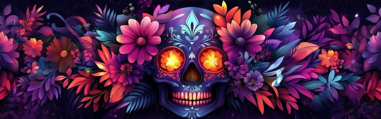 Mexican Skull with Floral Decorations on Purple Background