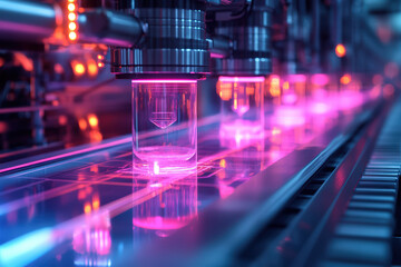 A high-tech manufacturing process featuring illuminated glass vials on a conveyor, showcasing a vibrant interplay of colors and advanced machinery.