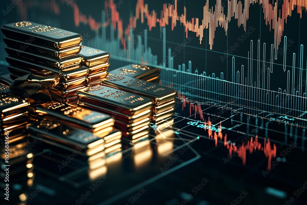 Poster a minimalist photo of stacked gold bars with a risk chart in the background, visually capturing the 