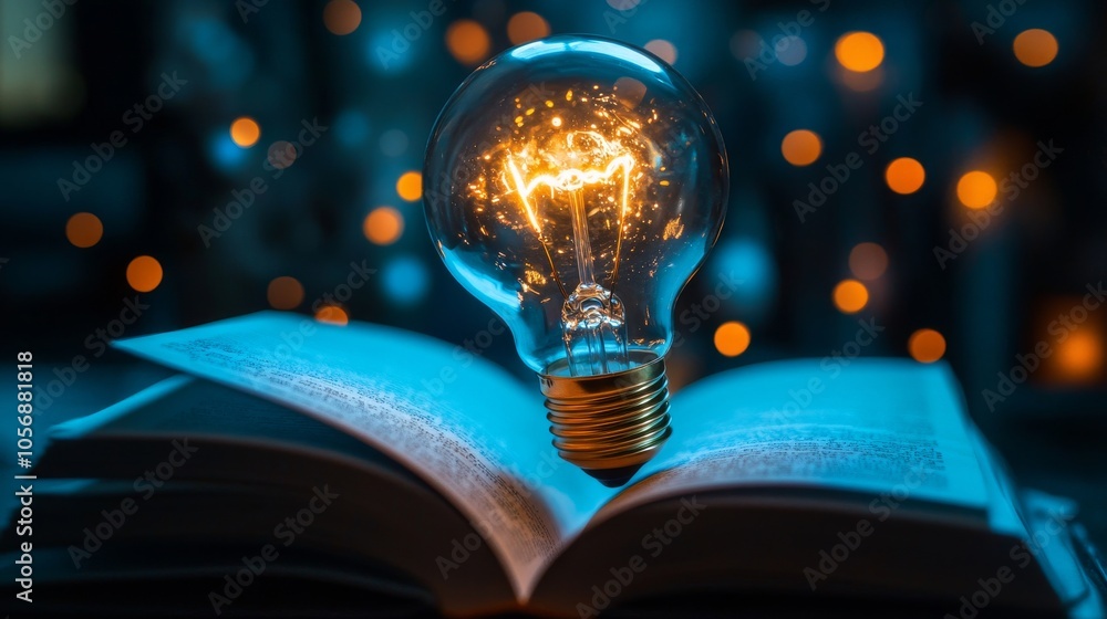 Poster illuminated lightbulb resting on an open book