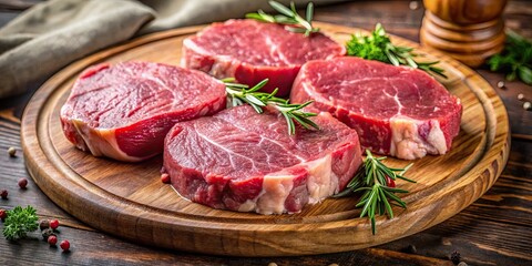 Fototapeta premium Close-up shot of juicy round steaks on a cutting board , meat, beef, round, fresh, raw, ingredient, marbling, grill, cooking