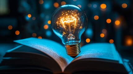 Illuminated Lightbulb Resting on an Open Book