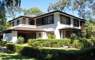 A contemporary two-story residential home with white walls and brown wood accents, featuring large windows on the first floor for natural light and an exterior garage entrance