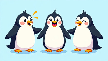 Kawaii Christmas Penguin - Three Penguins Celebrating