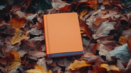 Orange notebook surrounded by autumn leaves
