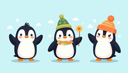 Fototapeta premium Kawaii Christmas Penguin - Penguins with Winter Hats