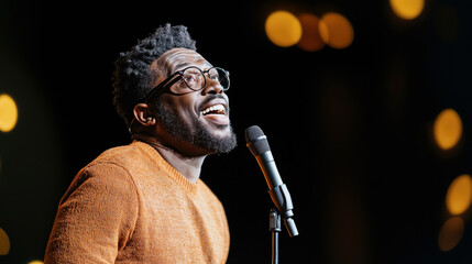 Man wearing glasses singing into a microphone with a joyful expression, standing on stage under warm stage lights, wearing an orange sweater.