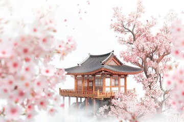 A traditional Japanese-style building surrounded by vibrant pink flowers, perfect for use in travel, lifestyle or culture-themed projects