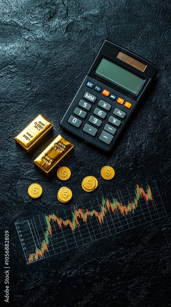 Aufkleber a minimalistic setup with a single gold bullion bar beside a calculator and a financial risk chart, 