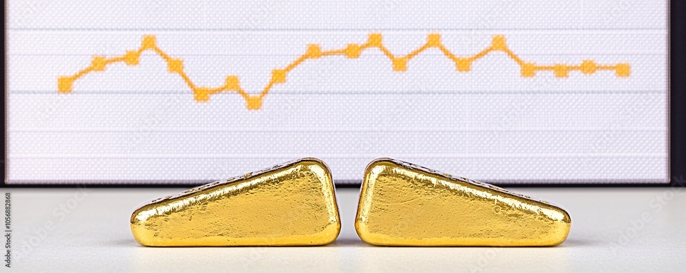 Poster gold bars placed in front of a computer screen showing a risk probability graph, symbolizing the bal