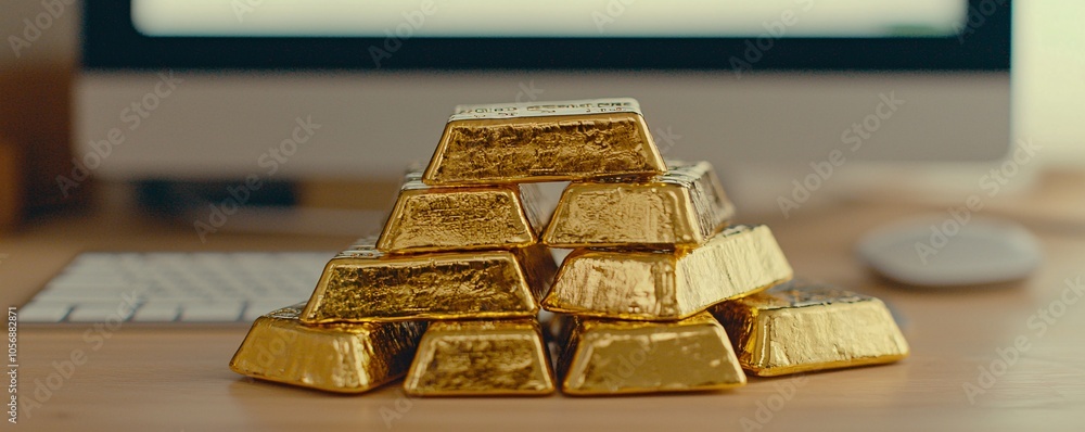 Poster gold bars placed in front of a computer screen showing a risk probability graph, symbolizing the bal
