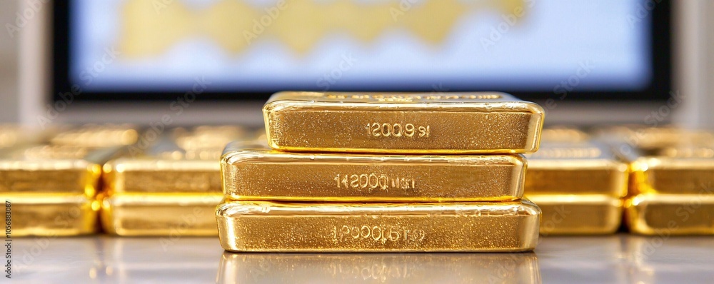Poster gold bars placed in front of a computer screen showing a risk probability graph, symbolizing the bal