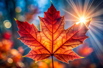 A vibrant red maple leaf illuminated by sunlight, set against a dreamy background of autumn colors.