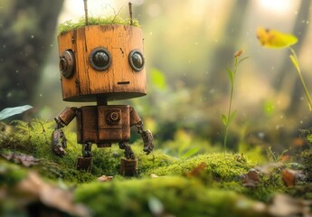 A cute robot made of wood and moss stands on the forest floor, with big eyes, a small body, wooden legs with metal feet, and little hands holding plants