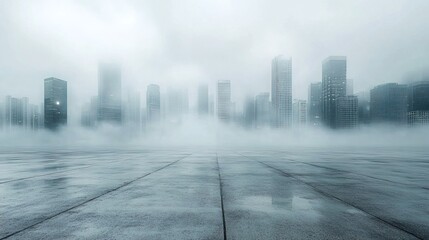 Fototapeta premium Urban city skyline view with foggy atmosphere, wide open concrete floor 