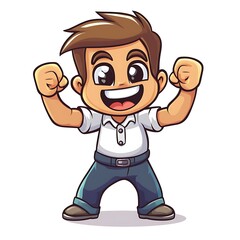 Obraz premium Cartoon employee cheering and pumping fists in the air on a white background.