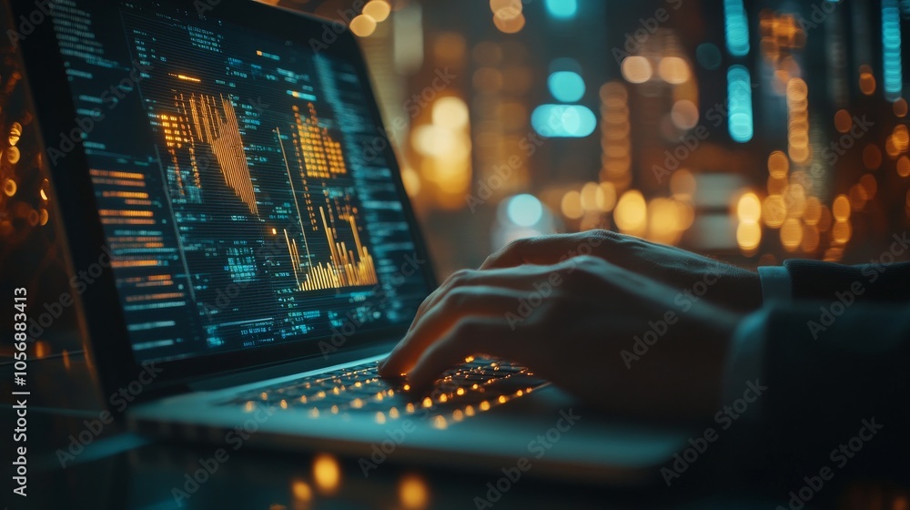 Poster hands typing on laptop with data and chart displayed on screen at night