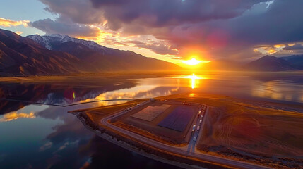 Breathtaking sunset over serene lake, with solar power arrays reflecting vibrant colors of sky. mountains in background add to tranquil beauty of scene