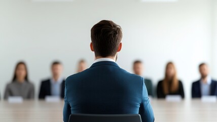 A professional setting showing a man in a suit sitting before a panel during an interview or meeting in a modern office.