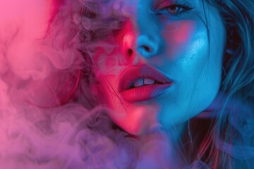 A close-up view of a woman exhaling smoke from her mouth, potentially hinting at a relaxing moment or post-smoking session