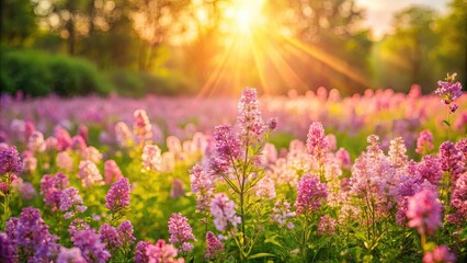 Obraz premium Idyllic pink wildflower meadow with morning sunlight and blossoming lilac bushes , summer, flowers, meadow