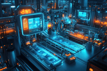 Obraz premium A futuristic, high-tech industrial scene featuring glowing blue and orange machinery and control panels, highlighting advanced technology and innovation.