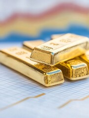 Gold bars on a table with a risk analysis chart in the background, capturing the mixed nature of security and market fluctuation in bullion investments. Design provides ample copy space.