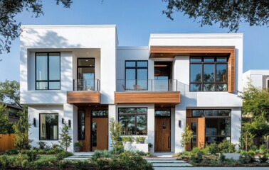 Modern home exterior with white stucco walls, wooden cladding, and large glass windows