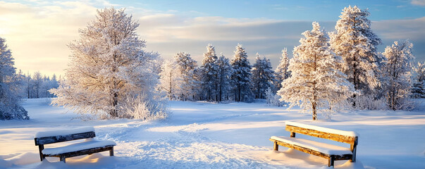 Snow-covered trees in a serene winter landscape scene.