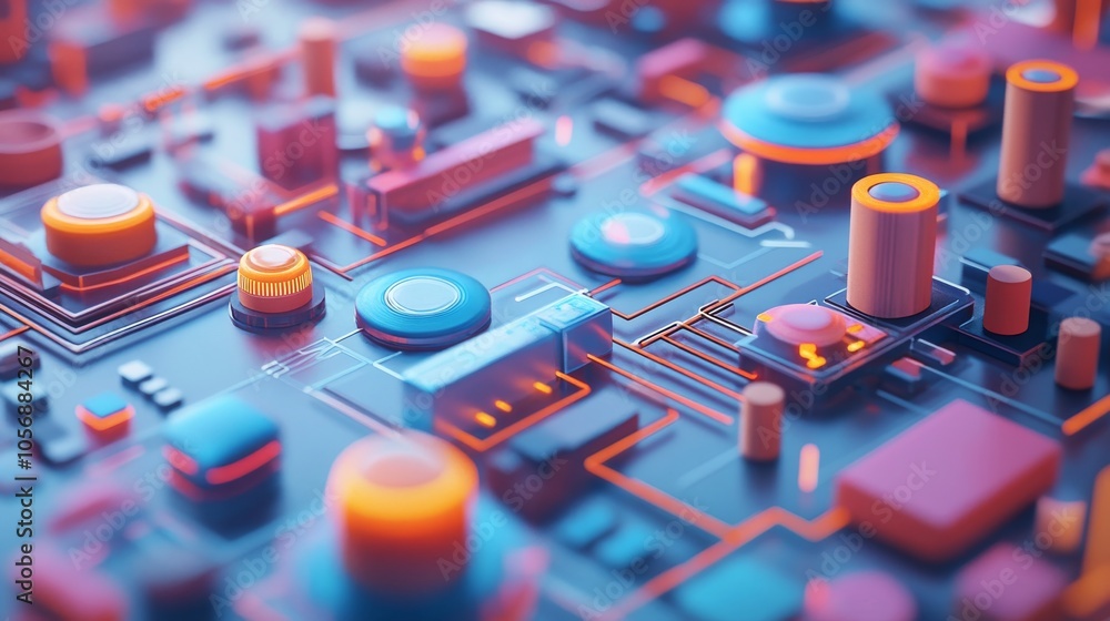 Poster Abstract Colorful Circuit Board with Geometric Shapes and Glowing Lines