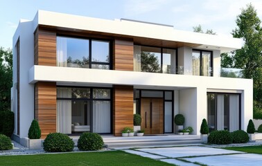 Fototapeta premium Modern home exterior with white stucco walls, wooden cladding, and large glass windows