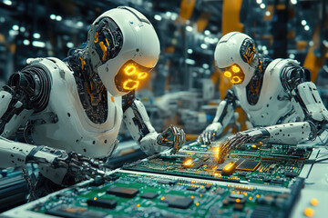 Fototapeta premium Two advanced robots meticulously work on circuit boards, highlighting the fusion of technology and automation in a futuristic setting.