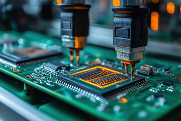 A close-up view of electronic components being processed on a green circuit board, showcasing intricate details of technology and precision.