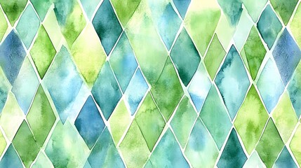 Abstract seamless pattern with green and blue leaves, green watercolor background, vector illustration, flat design, geometric