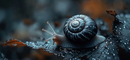 A snail with a blue shell crawls on a wet leaf with water droplets.