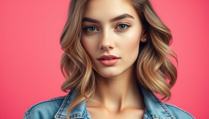 Fototapeta premium Close-Up Portrait of a Stylish Young Woman in Textured Denim Jacket with Wavy Hair. Stylish Portrait of Young Woman in Textured Denim Jacket.