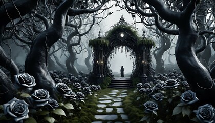 Mysterious Wonderland with Black Roses in Shadowed Forest, Ai generated Images
