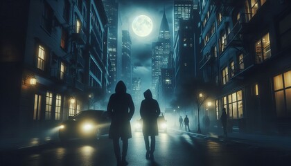 people walking in the city at night