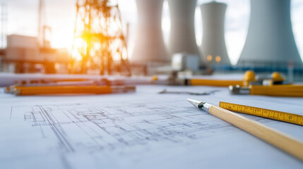blueprint of nuclear power plant with drafting tools in focus, showcasing engineering details and industrial structures in background