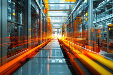 A futuristic data center corridor with dynamic light trails, showcasing advanced technology and speed in a high-tech environment.