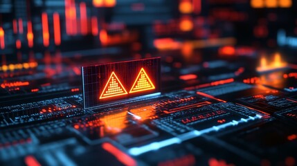 Two Red Triangles with Circular Patterns on a Futuristic Digital Interface