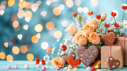 beautiful Valentines Day arrangement featuring roses, heart shaped chocolates, and festive decorations, creating romantic and joyful atmosphere