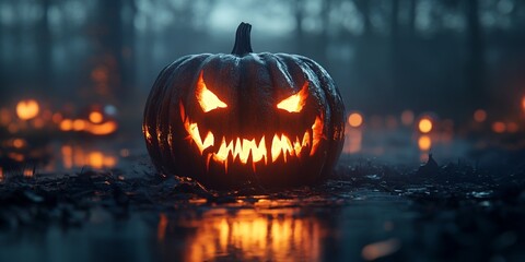 Scary glowing jack-o'-lantern pumpkin with sharp teeth for Halloween night decor.