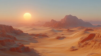 Naklejka premium Serene desert landscape at sunset with mountains in the distance.