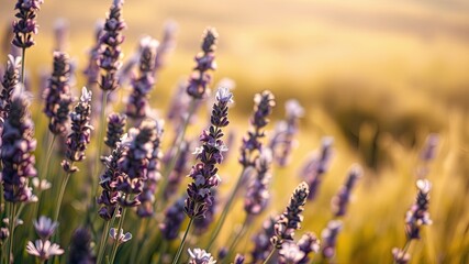 Obraz premium A delicate lavender bloom bathed in the golden light of a summer sunset, a soft focus on the background creating a serene and peaceful atmosphere.