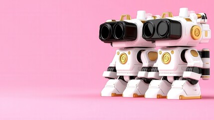 Fototapeta premium Futuristic Robots with VR Headsets on Pink Background