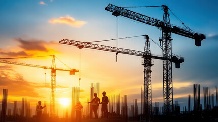 Construction site at sunset with cranes and workers silhouetted against sky, creating dramatic scene of industry and progress