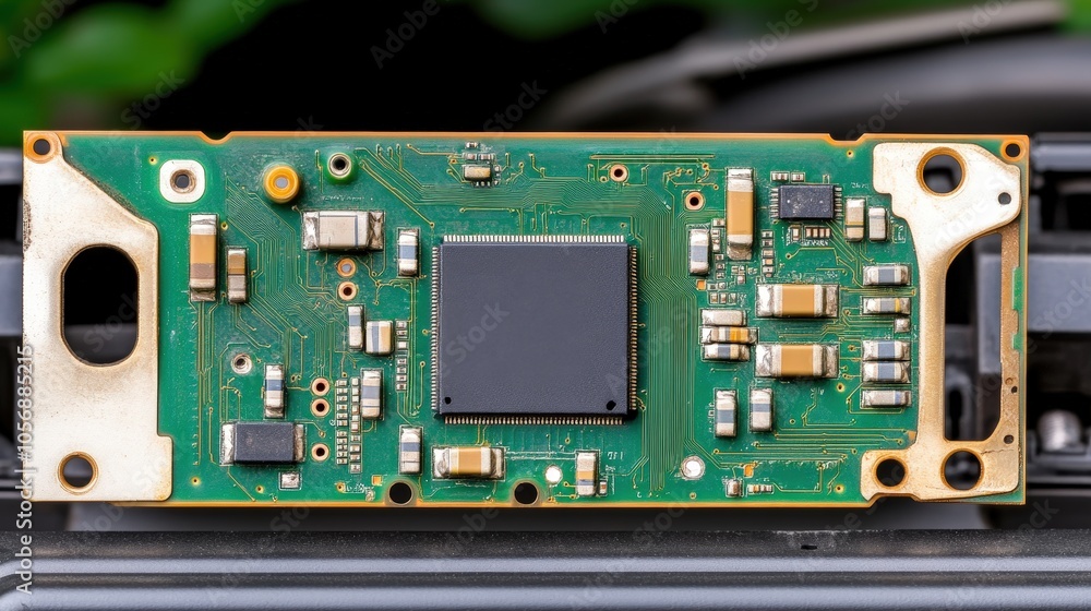 Poster green circuit board with microchip technology background