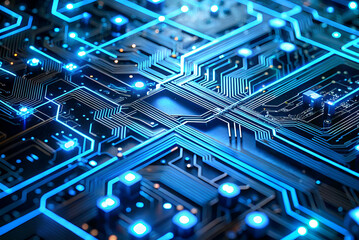 A close-up view of a circuit board featuring intricate pathways, glowing lights, and a futuristic blue aesthetic.