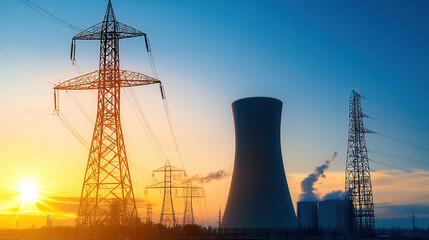 power plant with cooling towers and high voltage power lines at sunset, showcasing industrial energy production and infrastructure